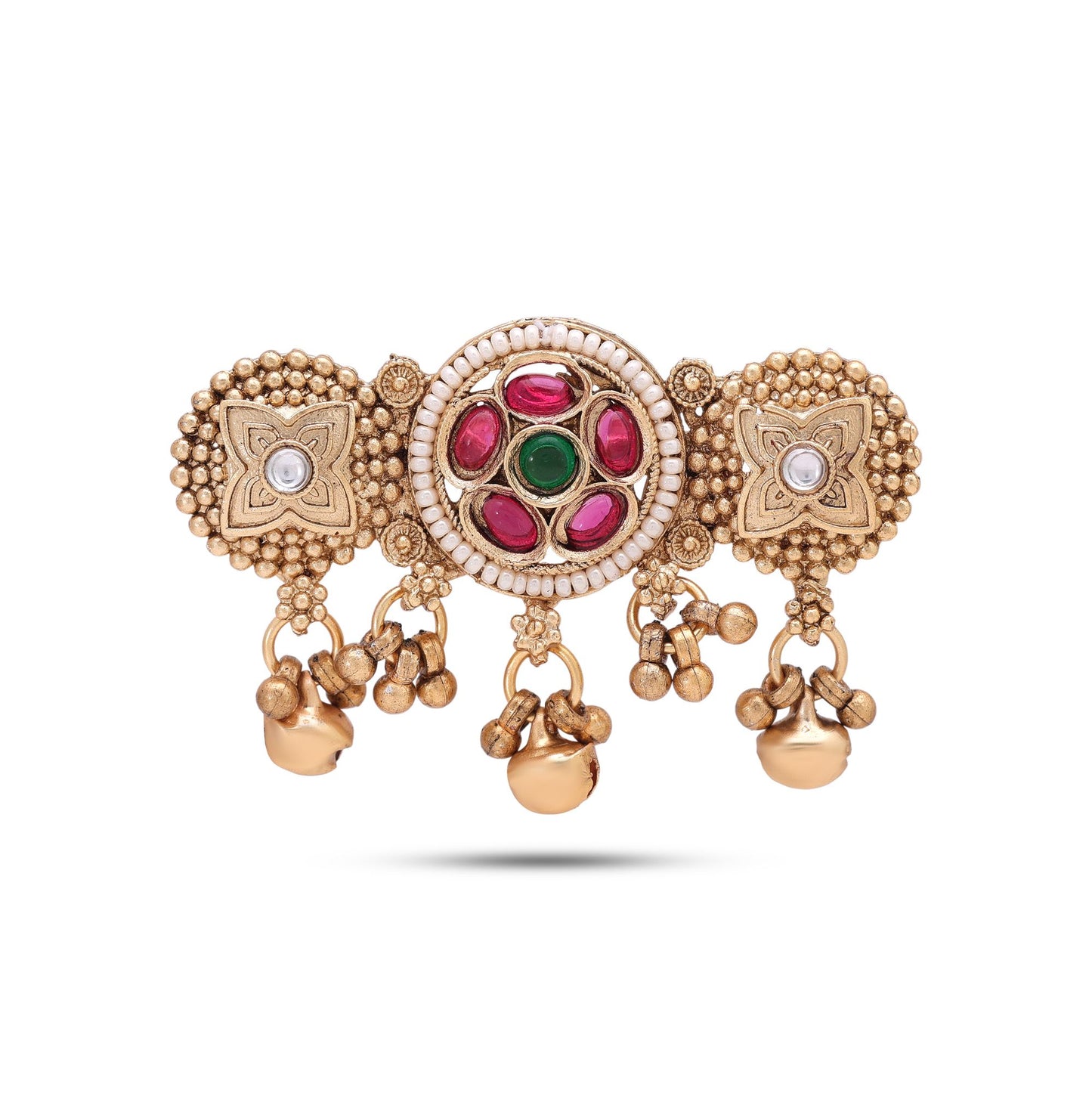 Green & Rani Color Matte Gold Plated Kashmiri Ring with Traditional Elegant Finish