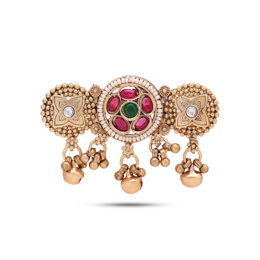 Green & Rani Color Matte Gold Plated Kashmiri Ring with Traditional Elegant Finish