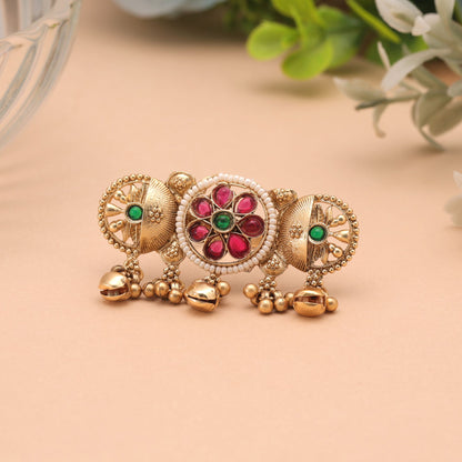 Green & Rani Color Matte Gold Plated Kashmiri Ring Featuring Designer Ethnic Style