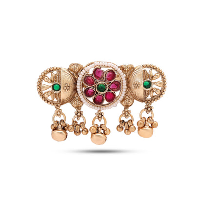 Green & Rani Color Matte Gold Plated Kashmiri Ring Featuring Designer Ethnic Style