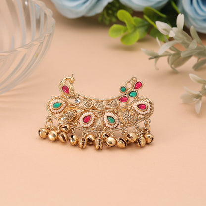 Green & Rani Color Matte Gold Plated Double Finger Kashmiri Ring with Royal Appeal