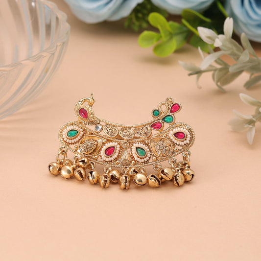 Green & Rani Color Matte Gold Plated Double Finger Kashmiri Ring with Royal Appeal