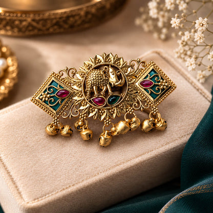 Green & Rani Color Matte Gold Plated Kashmiri Ring with Traditional Designer Appeal