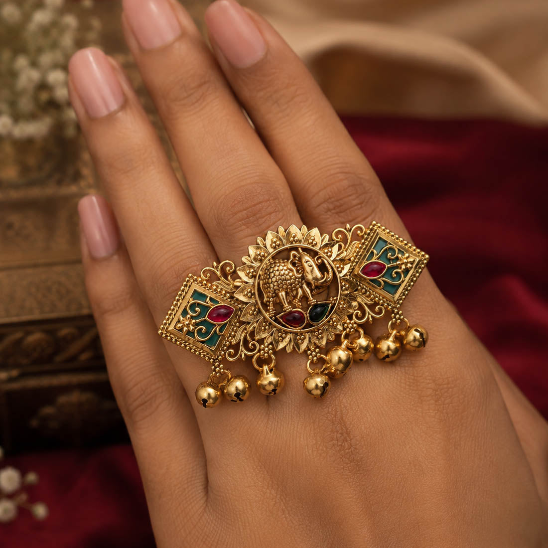 Green & Rani Color Matte Gold Plated Kashmiri Ring with Traditional Designer Appeal