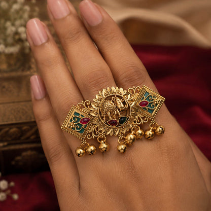 Green & Rani Color Matte Gold Plated Kashmiri Ring with Traditional Designer Appeal