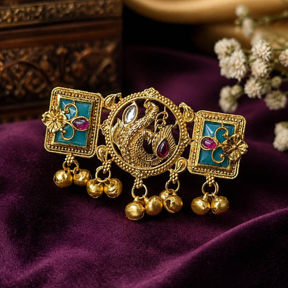 Green & Rani Color Matte Gold Plated Kashmiri Ring Featuring Elegant Ethnic Style