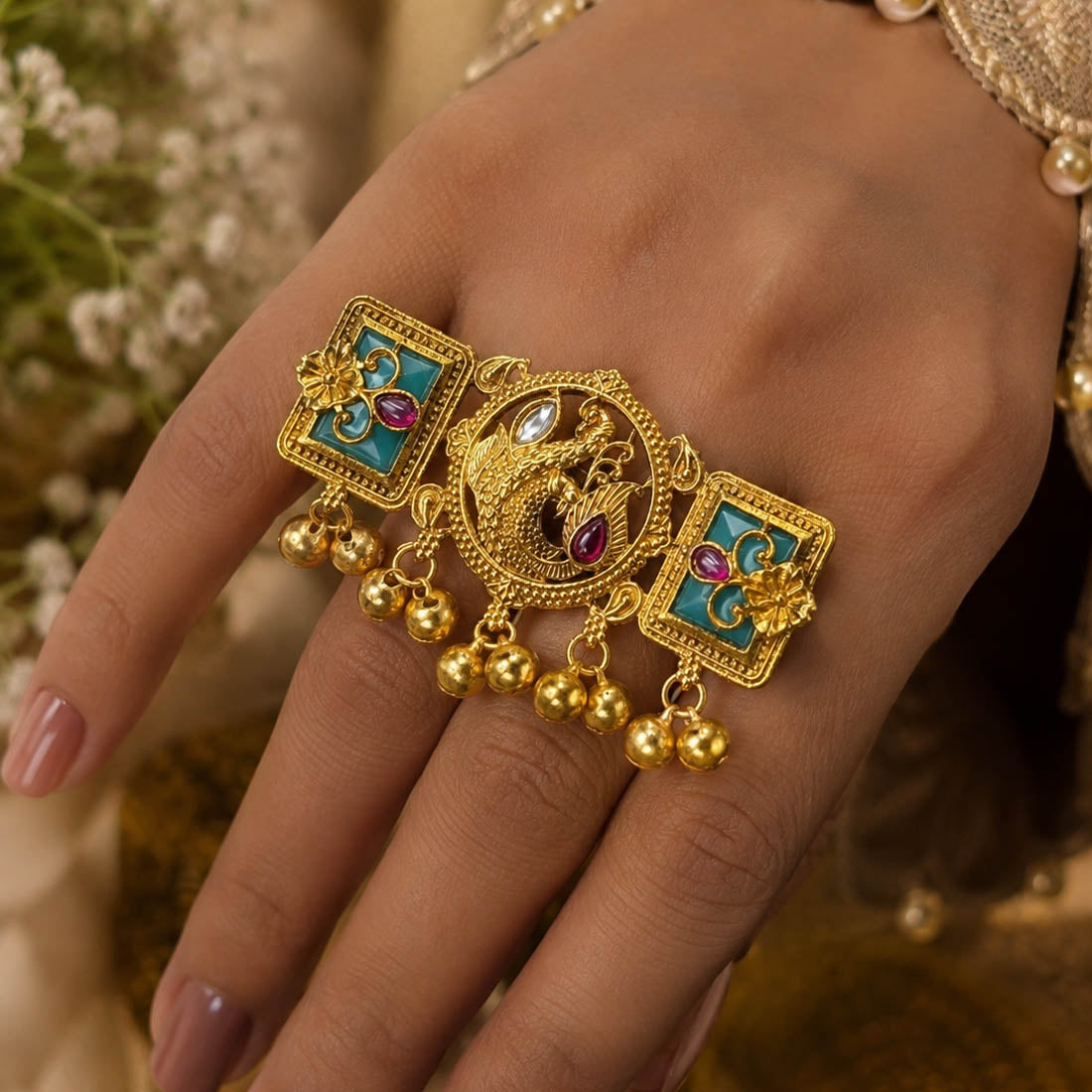 Green & Rani Color Matte Gold Plated Kashmiri Ring Featuring Elegant Ethnic Style