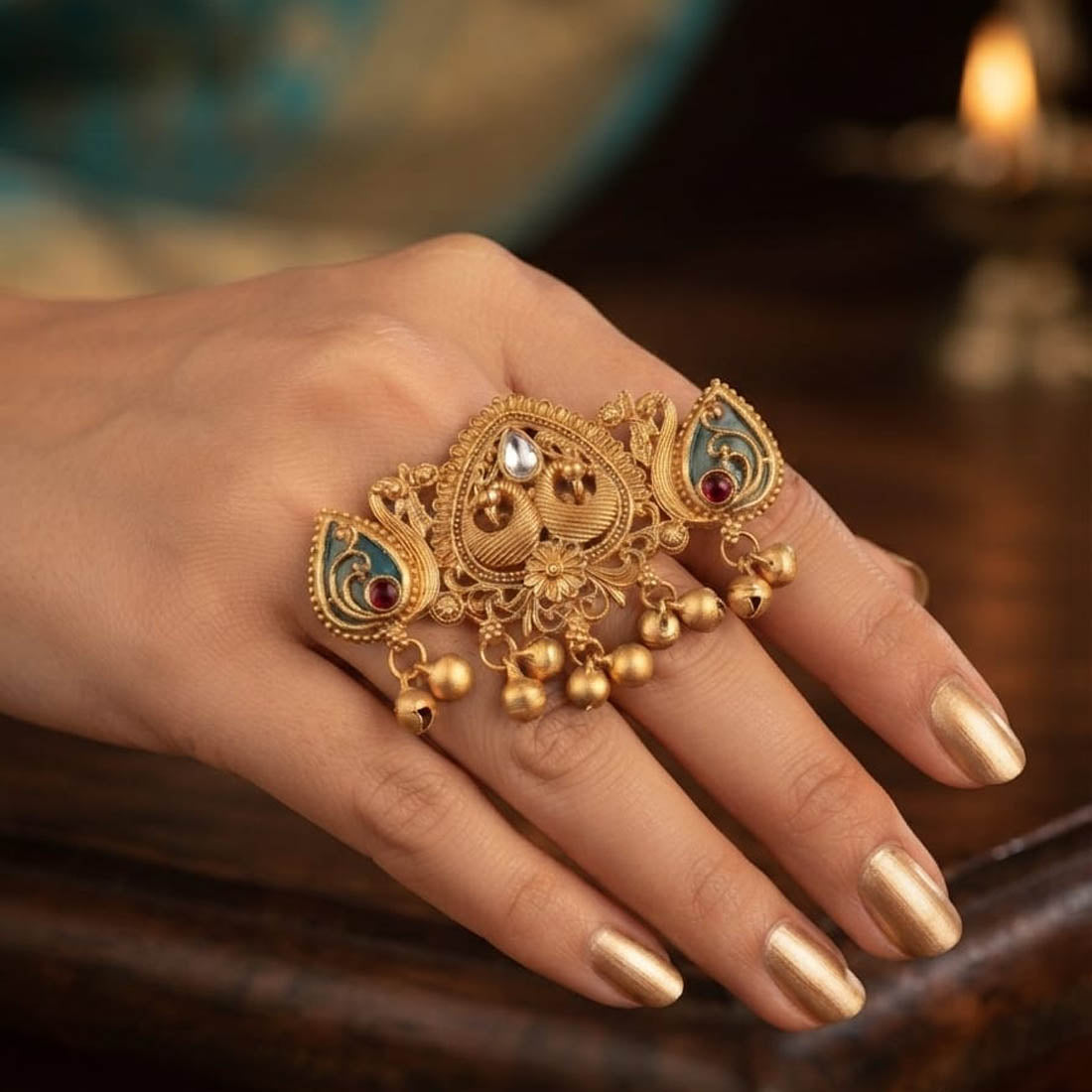 Green & Maroon Color Matte Gold Plated Kashmiri Ring with Royal Handmade Finish