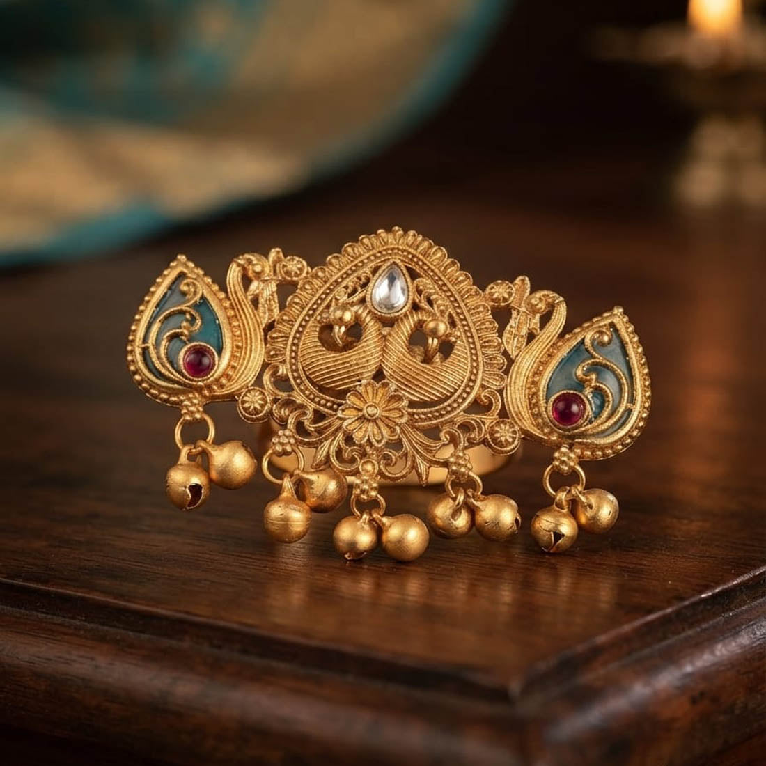 Green & Maroon Color Matte Gold Plated Kashmiri Ring with Royal Handmade Finish