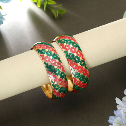 Green & Rani Color Hand Painted Meenakari Bangle Pair with Royal Designer Finish