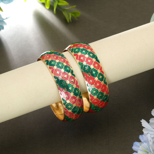 Green & Rani Color Hand Painted Meenakari Bangle Pair with Royal Designer Finish