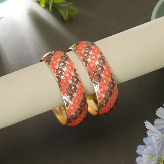 Orange & Brown Color Hand Painted Meenakari Bangle Pair with Classic Ethnic Charm