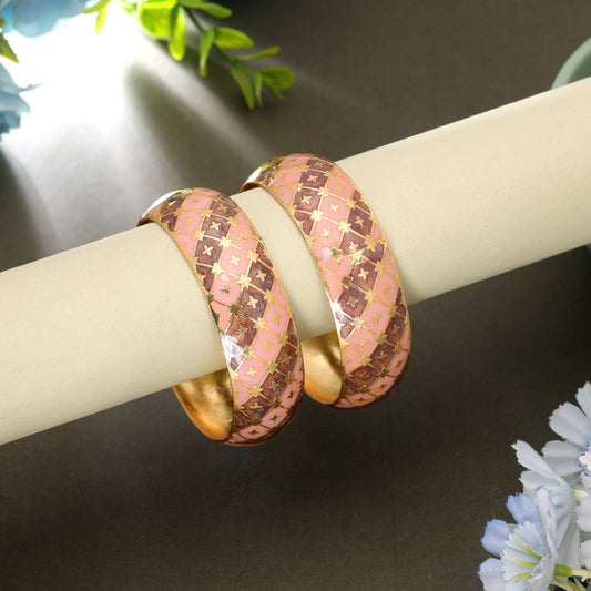 Peach & Brown Color Hand Painted Meenakari Bangle Pair with Elegant Traditional Jewelry Design
