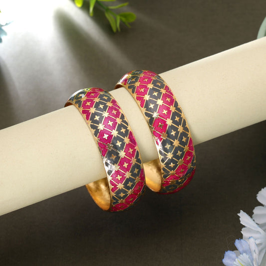 Rani & Grey Color Hand Painted Meenakari Bangle Pair with Royal Traditional Jewelry Appeal