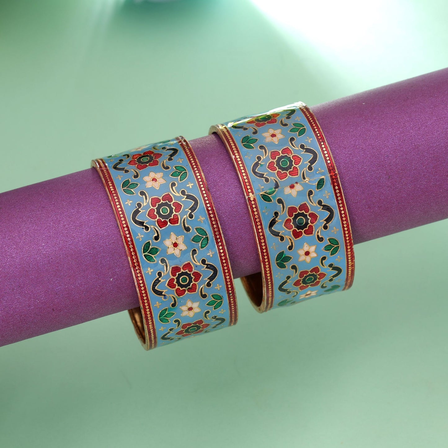 Light Blue Color Hand Painted Meenakari Bangle Pair with Graceful Traditional Appeal