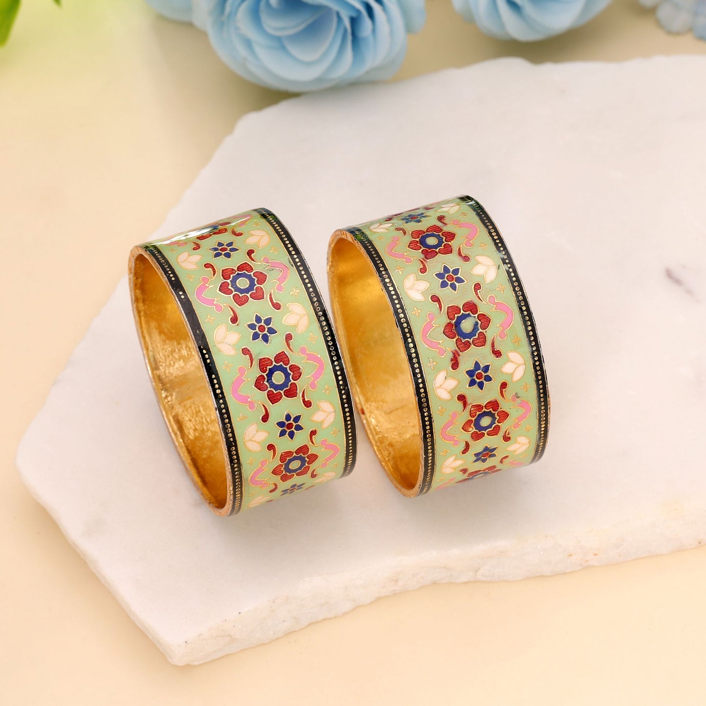 Light Green Color Hand Painted Meenakari Bangle Pair with Elegant Handmade Jewelry Style