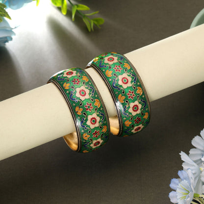 Green Color Hand Painted Meenakari Bangle Pair with Premium Handmade Artistic Design