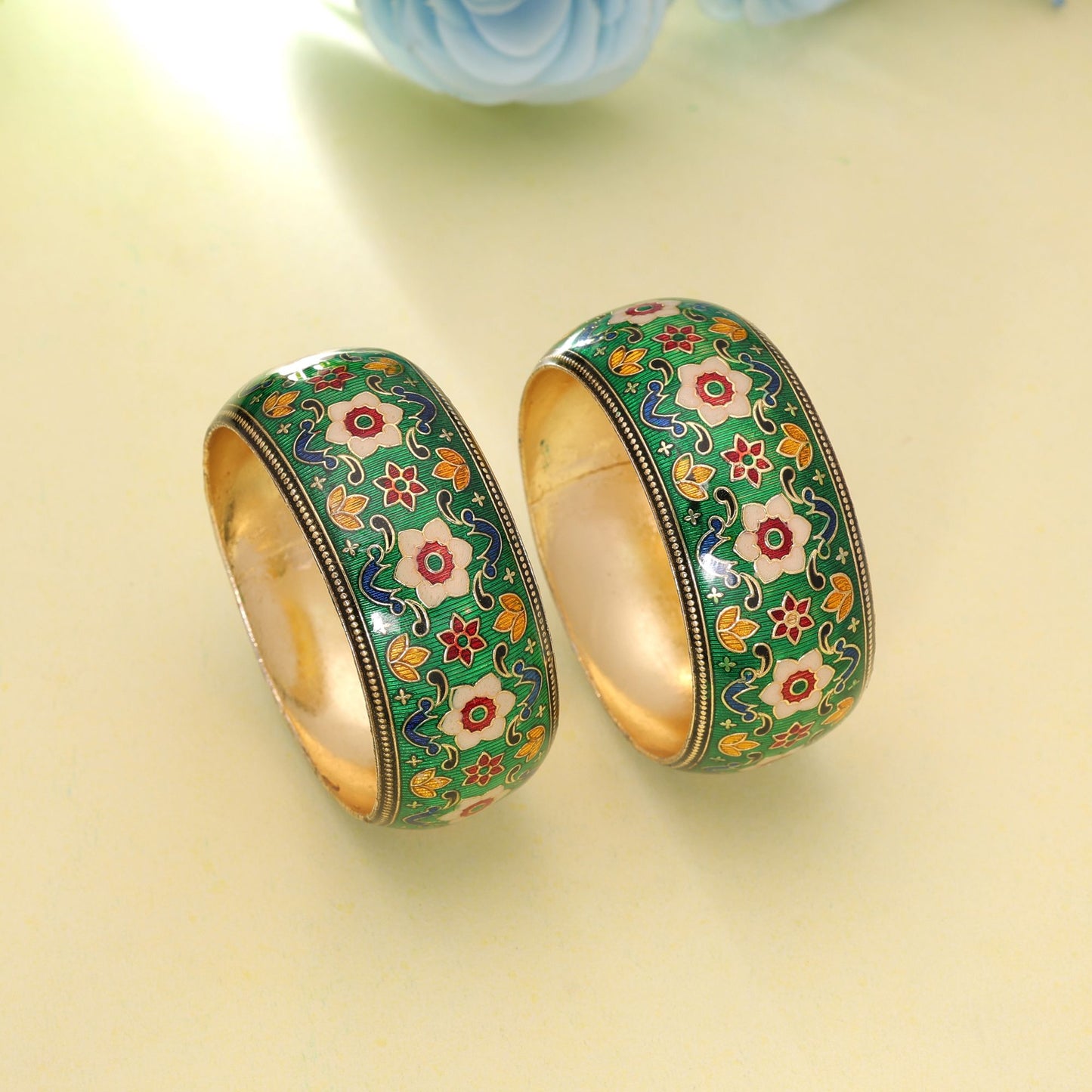 Green Color Hand Painted Meenakari Bangle Pair with Premium Handmade Artistic Design