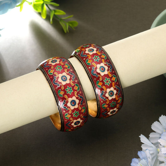 Maroon Color Hand Painted Meenakari Bangle Pair Featuring Royal Ethnic Fashion Style