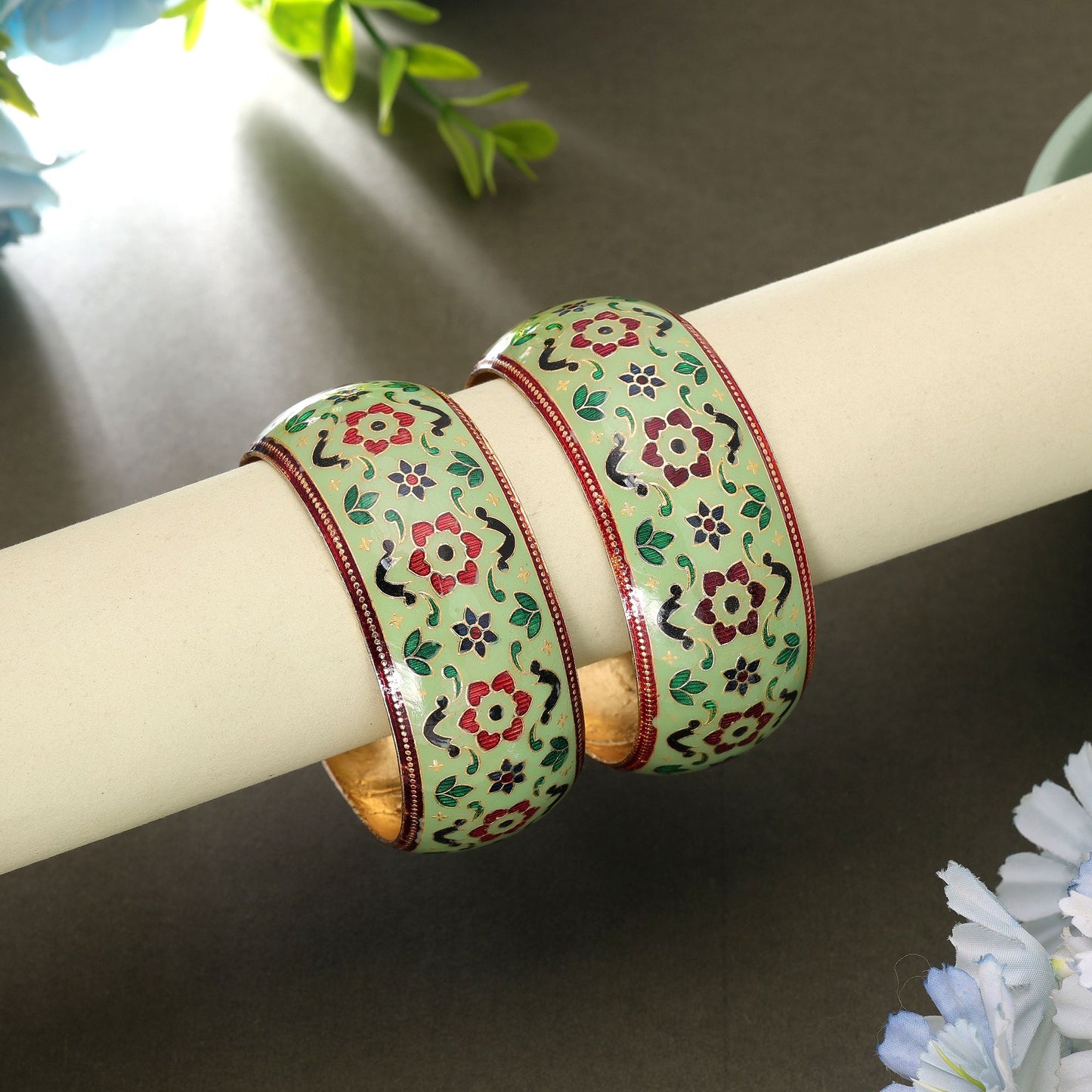 Light Green Color Hand Painted Meenakari Bangle Pair Featuring Elegant Festive Look