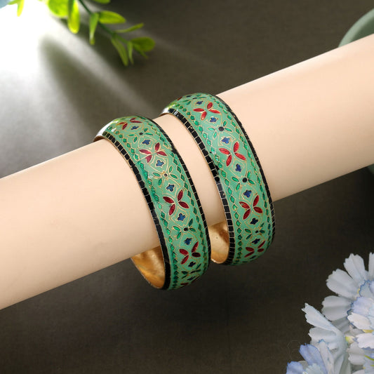 Pista Green Color Hand Painted Meenakari Bangle Pair with Trendy Traditional Style