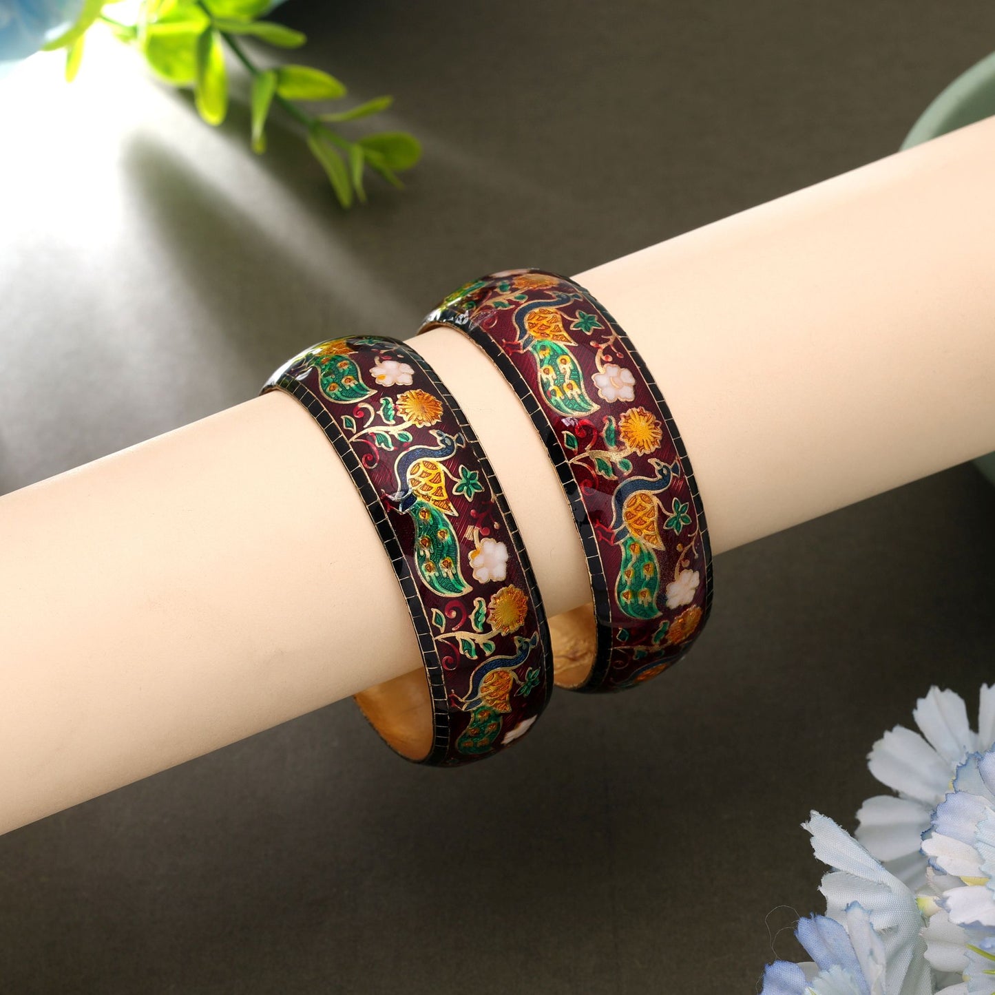 Maroon Color Hand Painted Meenakari Bangle Pair with Elegant Royal Traditional Design
