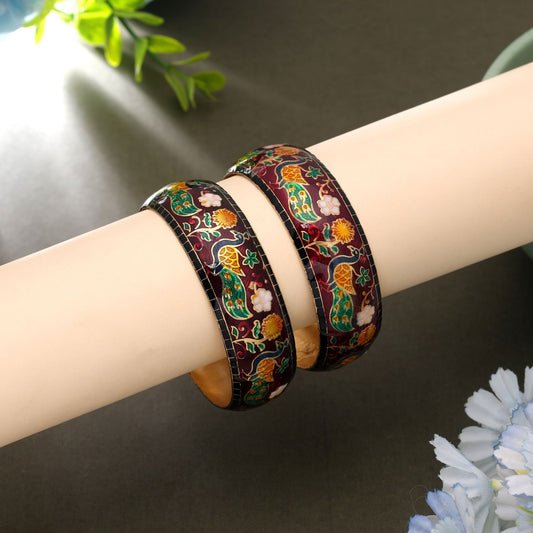 Maroon Color Hand Painted Meenakari Bangle Pair with Elegant Royal Traditional Design