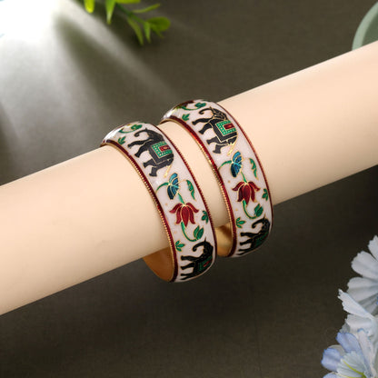 White Color Hand Painted Meenakari Bangle Pair Featuring Classic Handmade Jewelry Look