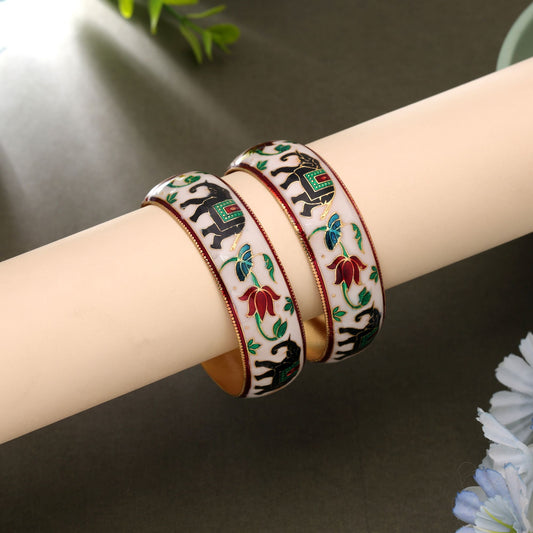 White Color Hand Painted Meenakari Bangle Pair Featuring Classic Handmade Jewelry Look