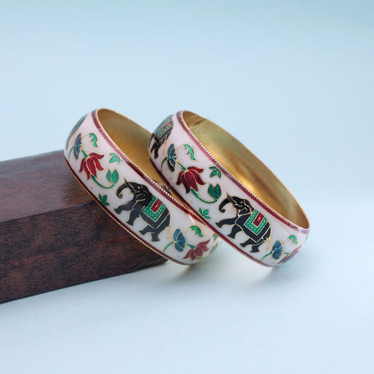 White Color Hand Painted Meenakari Bangle Pair Featuring Classic Handmade Jewelry Look
