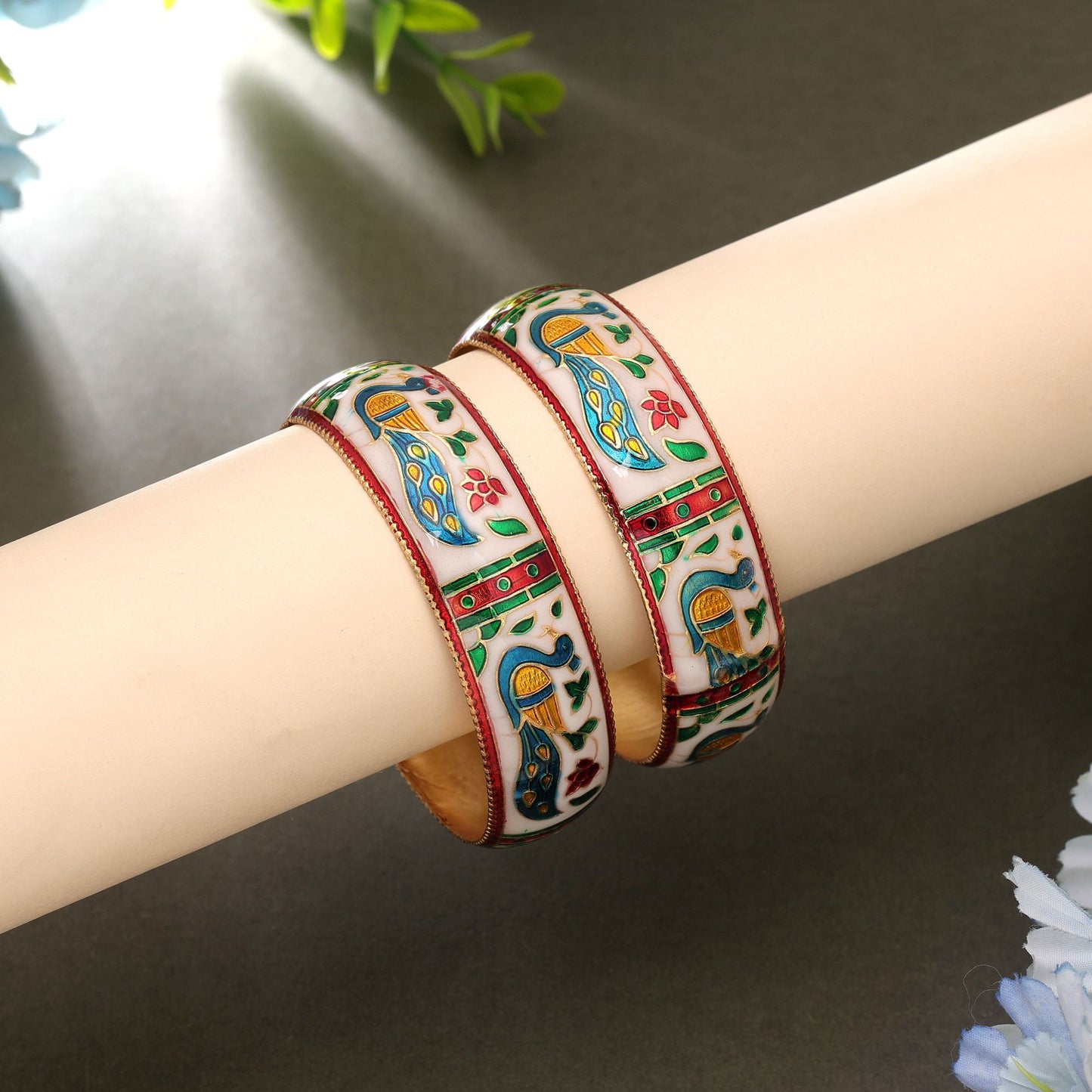 White Color Hand Painted Meenakari Bangle Pair Featuring Premium Traditional Craft Design