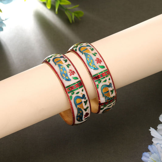 White Color Hand Painted Meenakari Bangle Pair Featuring Premium Traditional Craft Design