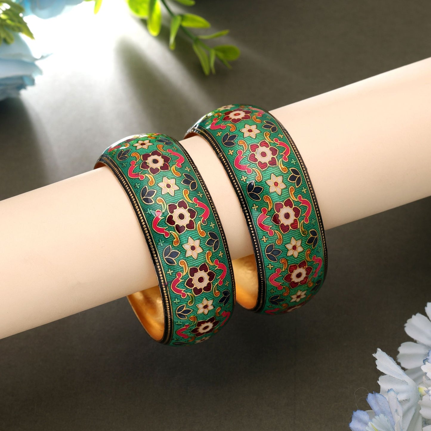Green Color Hand Painted Meenakari Bangle Pair Featuring Trendy Handmade Ethnic Look