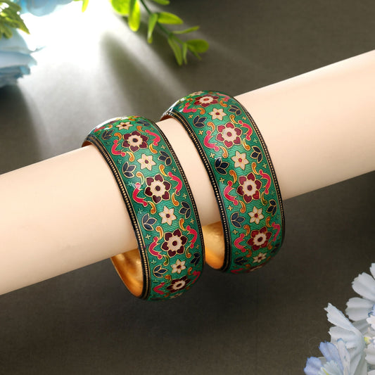 Green Color Hand Painted Meenakari Bangle Pair Featuring Trendy Handmade Ethnic Look