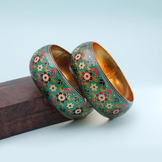 Green Color Hand Painted Meenakari Bangle Pair Featuring Trendy Handmade Ethnic Look