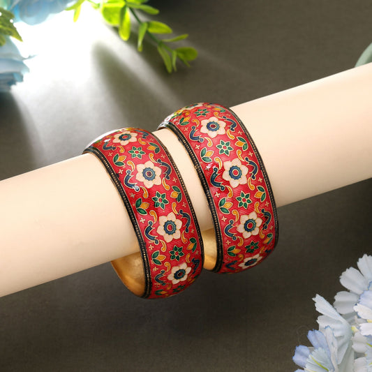 Red Color Hand Painted Meenakari Bangle Pair with Elegant Festive Jewelry Style