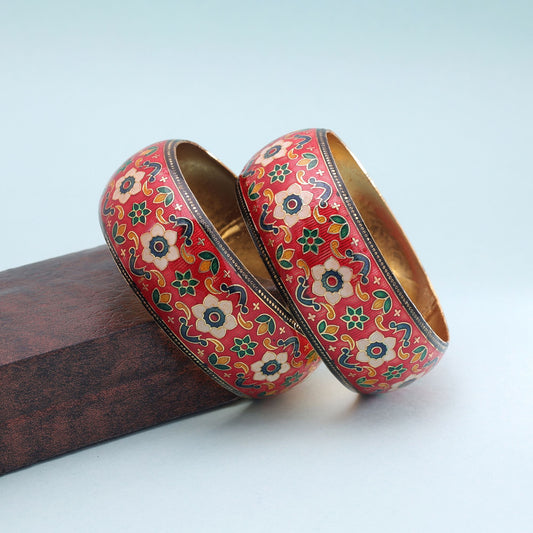 Red Color Hand Painted Meenakari Bangle Pair with Elegant Festive Jewelry Style