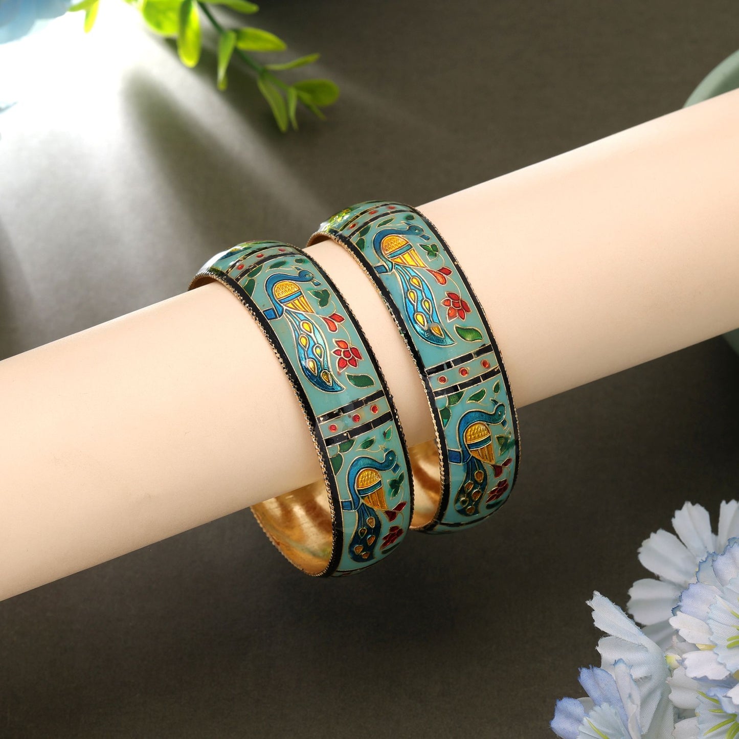Light Green Color Hand Painted Meenakari Bangle Pair with Stylish Festive Wear Look