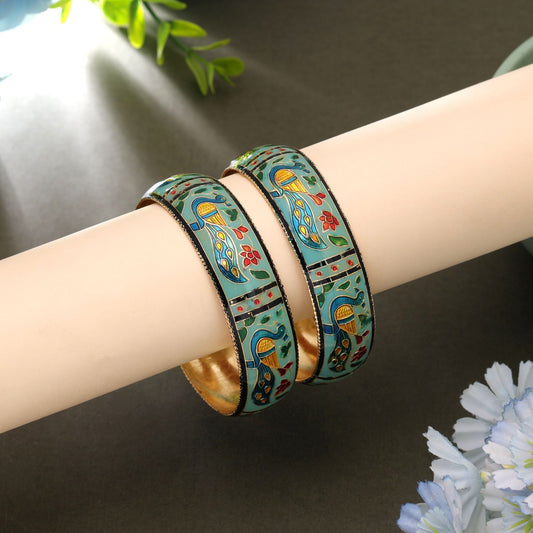 Light Green Color Hand Painted Meenakari Bangle Pair with Stylish Festive Wear Look