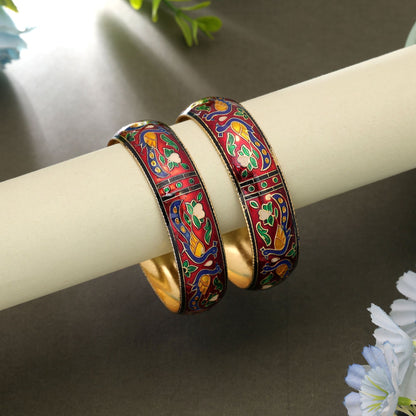 Maroon Color Hand Painted Meenakari Bangle Pair with Premium Ethnic Fashion Appeal