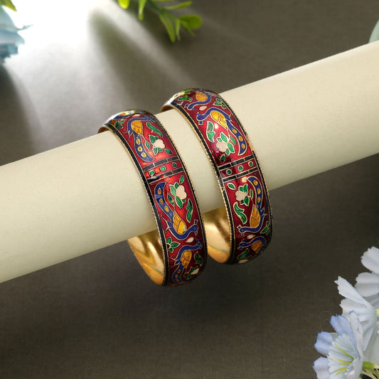 Maroon Color Hand Painted Meenakari Bangle Pair with Premium Ethnic Fashion Appeal