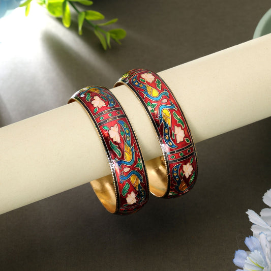 Red Color Hand Painted Meenakari Bangle Pair Featuring Royal Handmade Traditional Style