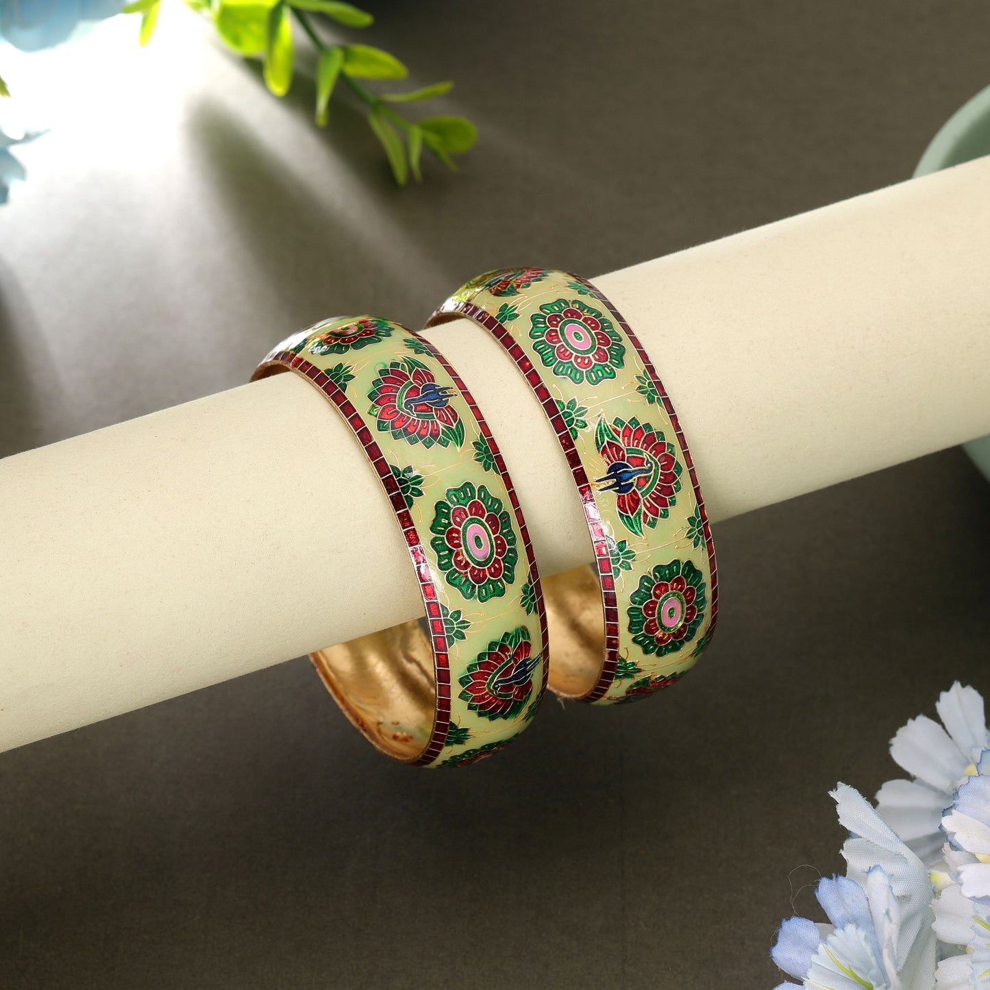Pista Green Color Hand Painted Meenakari Bangle Pair Featuring Elegant Designer Jewelry Look