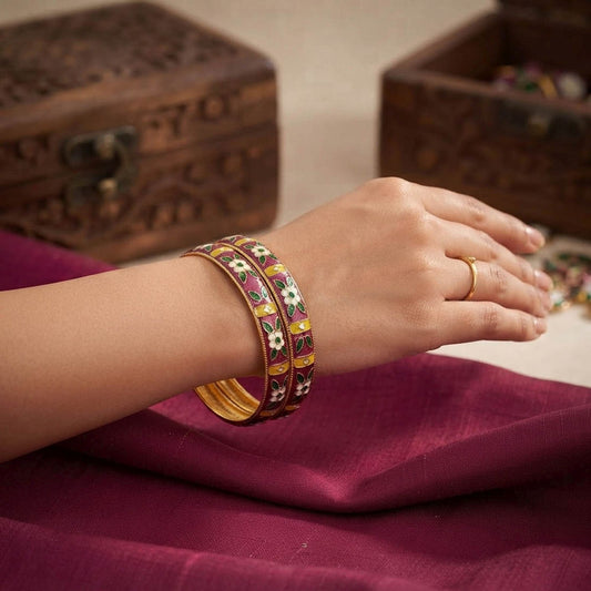Purple & Green Color Hand Painted Meenakari Bangle with Elegant Traditional Handmade Jewelry Design