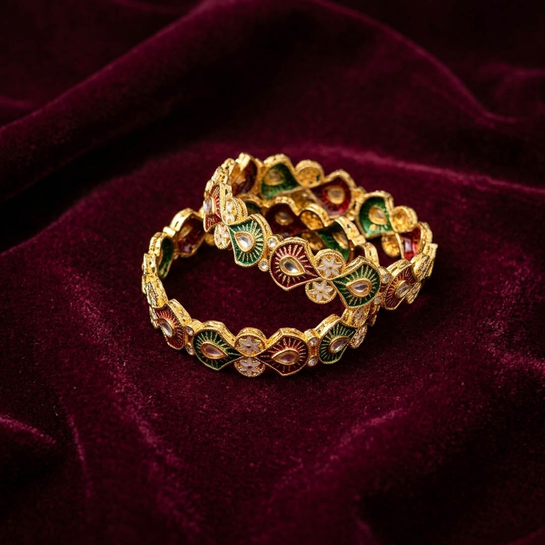 Rich Velvet Maroon & Green Color Hand Painted Meenakari Bangle For Wedding Wear