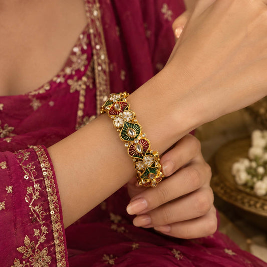 Rich Velvet Maroon & Green Color Hand Painted Meenakari Bangle For Wedding Wear