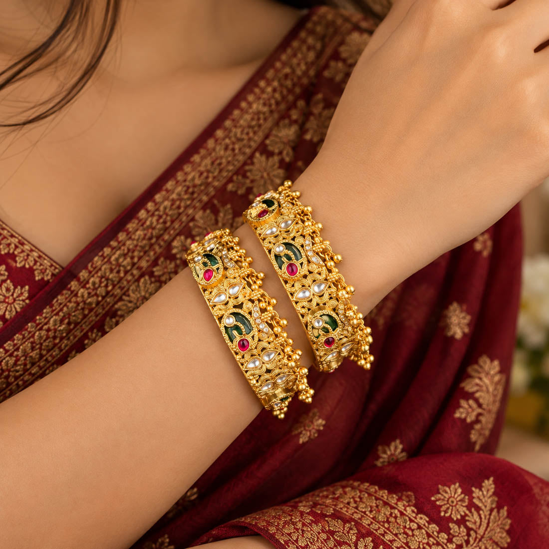 Pretty Floral Pink & Green Color Hand Painted Meenakari Bangle For Sangeet Ceremonies