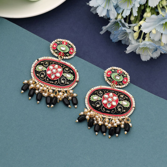 Black Color Meenakari Earrings Featuring Classic Handcrafted Enamel Work For Timeless Styling