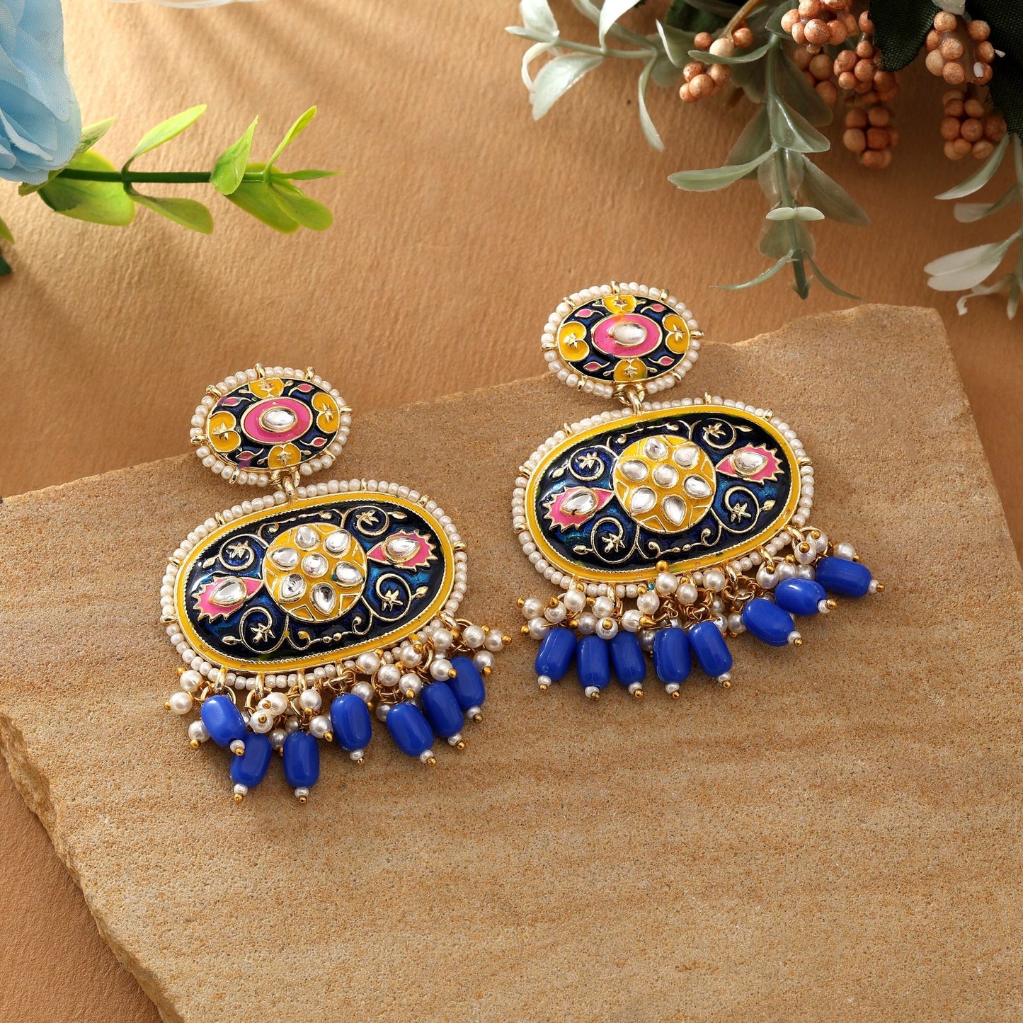 Blue Color Meenakari Earrings Crafted To Enhance Festive Wear With Vibrant Enamel Accents