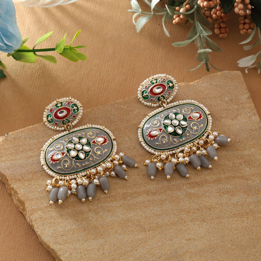 Grey Color Meenakari Earrings Blending Subtle Tones With Detailed Traditional Enamel Artistry